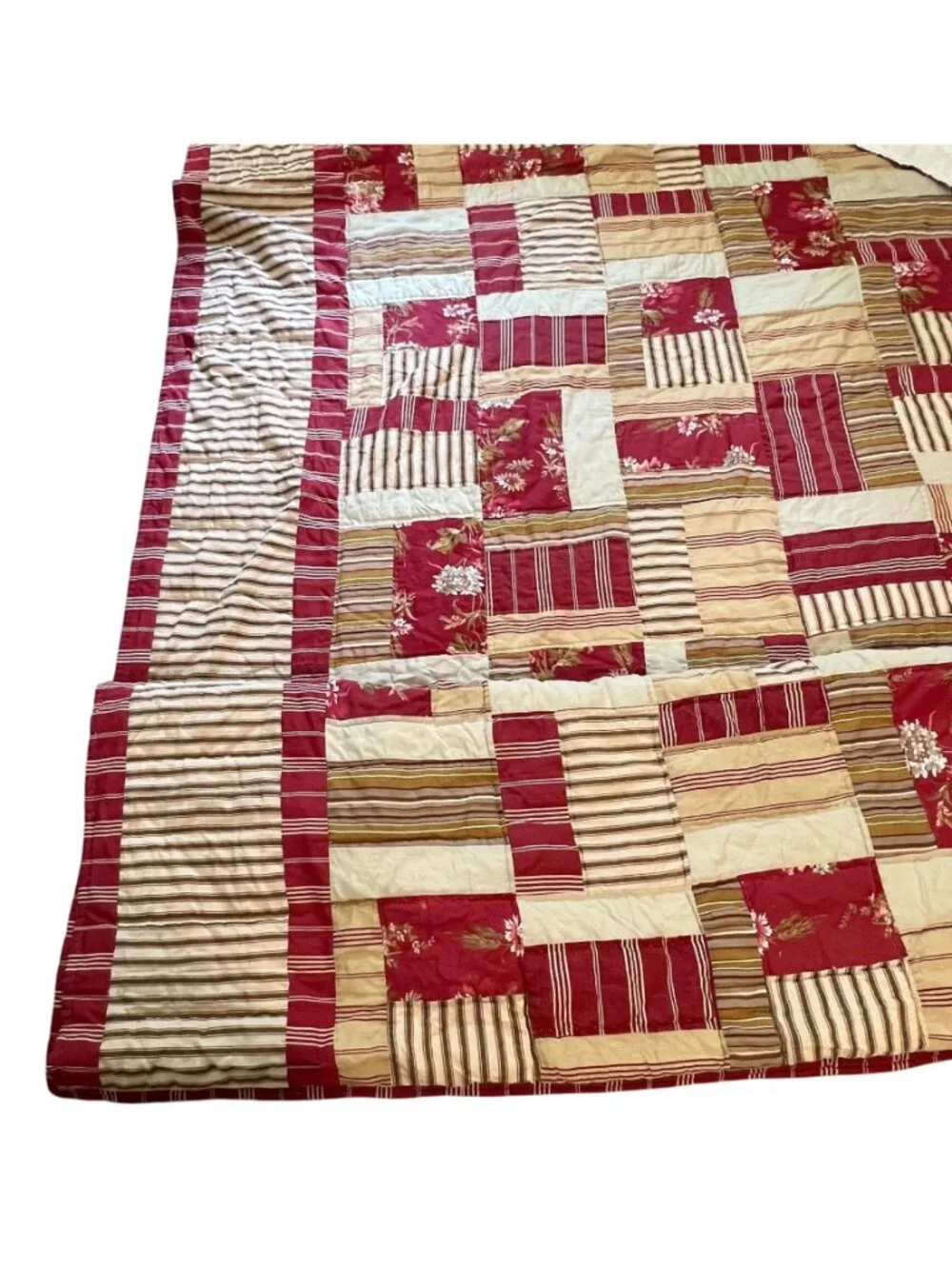Two Handmade Quilted Patchwork Blankets Stripes Floral RED CRM French Cottage